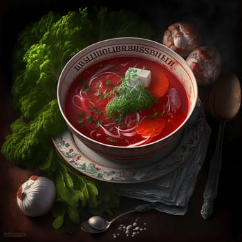 Borscht Bliss captures the warm and comforting essence of the traditional Belarusian soup, borscht. The painting depicts a steaming bowl of the hearty stew, complete with chunks of tender meat and vibrant root vegetables. The image is generated with the use of an AI.