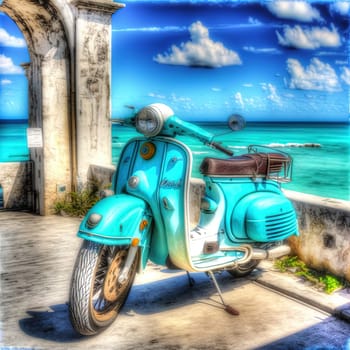 This painting captures the iconic image of a Bermuda Moped, a popular mode of transportation on the island. The moped is painted in bright colors and adorned with unique designs, symbolizing the fun and carefree spirit of Bermuda. The image is generated with the use of an AI.