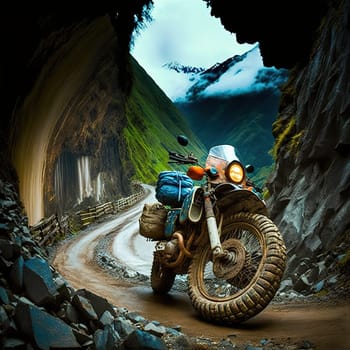 This striking image depicts the notorious Yungas Road, also known as the Death Road, in Bolivia. The winding road and towering cliffs are rendered in a bold and dynamic style, capturing the thrill and danger of riding this famous route. The image is generated with the use of an AI. Bolivia, Yungas Road, Death Road, motorized transportation, vehicle, winding, cliffs, striking, dynamic, bold, thrilling, dangerous, AI-generated, famous, route, ride, transport, motorized, transportation, image, generated