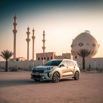 The painting depicts a sleek KIA car driving through the sandy dunes of Bahrain. The image is generated with the use of an AI