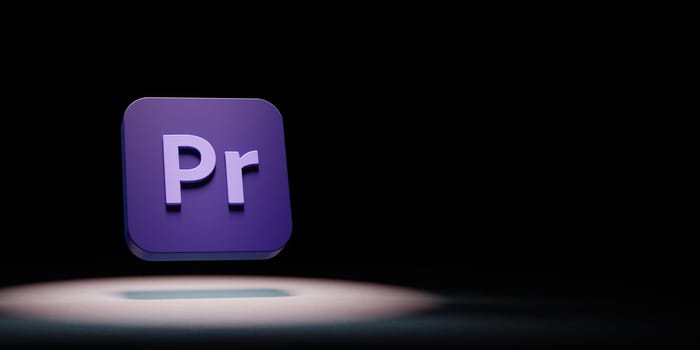 Adobe Premiere Pro App Icon 3D Symbol Shape Spotlighted on Black Background with Copy Space 3D Illustration