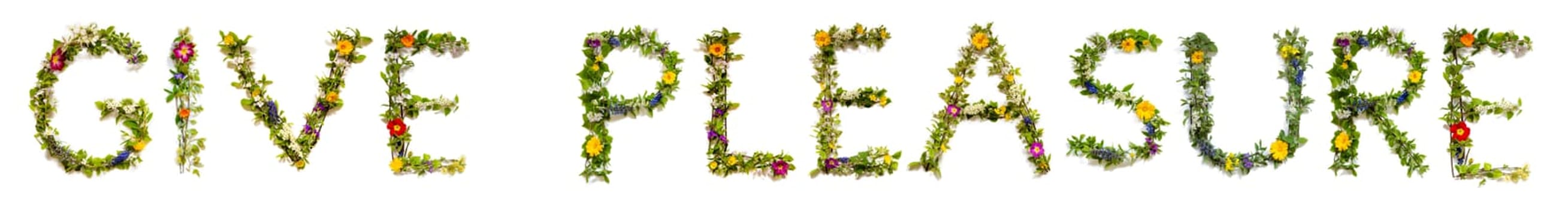 Blooming Flower Letters Building English Text Give Pleasure. Summer And Spring Season Blossoms And Flower Lei.