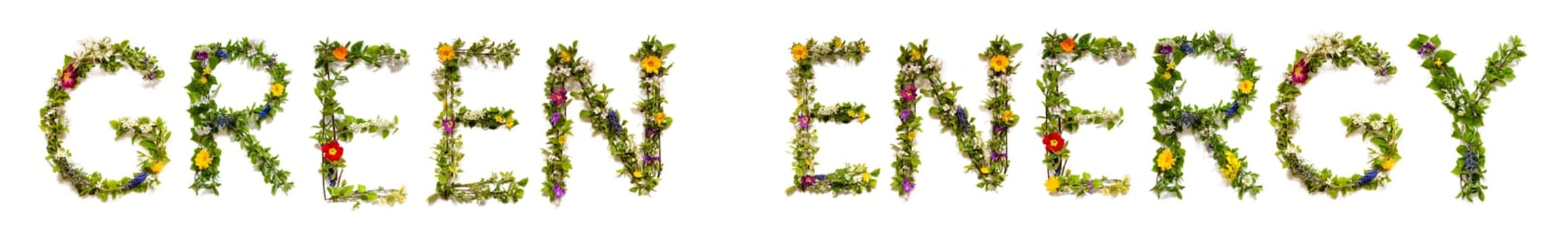 Blooming Flower Letters Building English Text Green Energy. Summer And Spring Season Blossoms And Flower Lei.