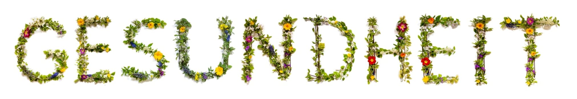 Blooming Flower Letters Building German Word Gesundheit Means Health. Summer And Spring Season Blossoms And Flower Lei.
