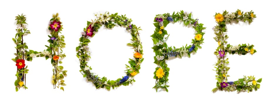 Blooming Flower Letters Building English Word Hope. Summer And Spring Season Blossoms And Flower Lei.