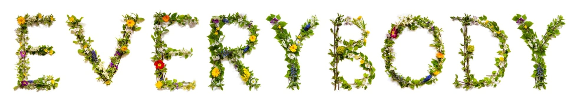 Blooming Flower Letters Building English Word Everybody. Summer And Spring Season Blossoms And Flower Lei.