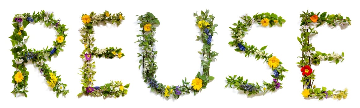 Blooming Flower Letters Building English Word Reuse. Summer And Spring Season Blossoms And Flower Lei.