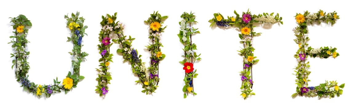 Blooming Flower Letters Building English Word Unite. Summer And Spring Season Blossoms And Flower Lei.