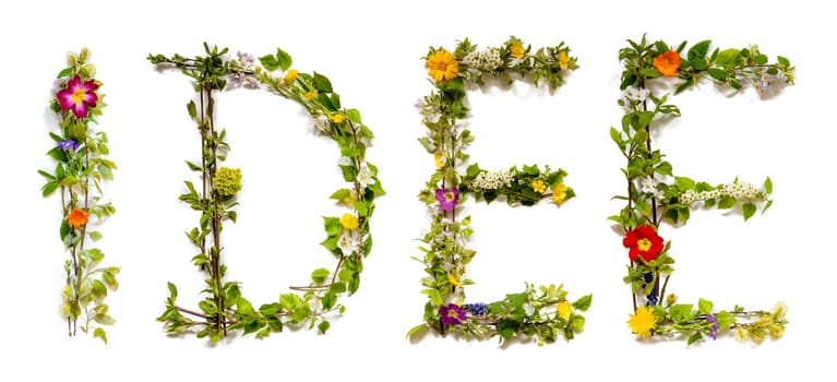 Blooming Flower Letters Building German Word Idee Means Idea. Summer And Spring Season Blossoms And Flower Lei.