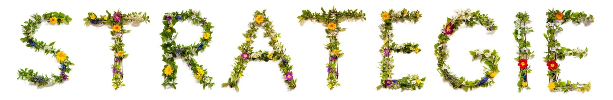Blooming Flower Letters Building German Word Strategie Means Strategy. Summer And Spring Season Blossoms And Flower Lei.