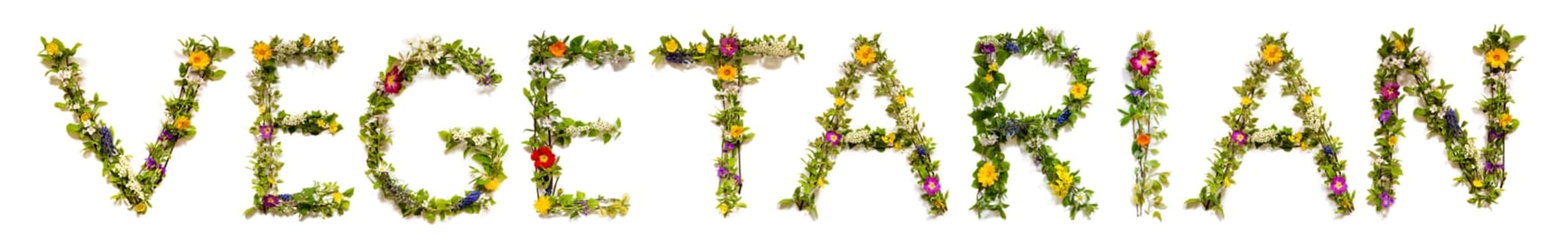 Blooming Flower Letters Building English Word Vegetarian. Summer And Spring Season Blossoms And Flower Lei.