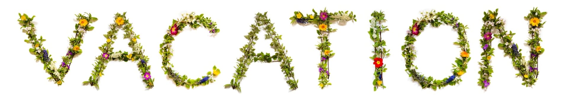 Blooming Flower Letters Building English Word Vacation. Summer And Spring Season Blossoms And Flower Lei.