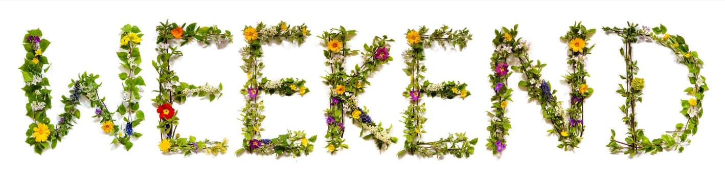 Blooming Flower Letters Building English Word Weekend. Summer And Spring Season Blossoms And Flower Lei.