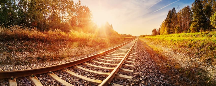 Perspective view of the railroad in countryside. Concept of the shipment, logistic and transportation.