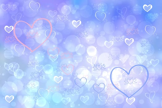 Abstract festive blur bright blue pastel background with light blue hearts love bokeh for wedding card or Valentines day.  Romantic textured backdrop with space for your design. Card concept.