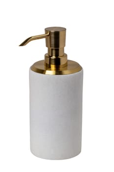 Closeup of a beautiful white golden perfume bottle or liquid soap bottle isolated on a white background. Macro. Copy space for label design.
