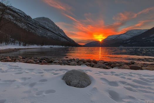 Witness the breathtaking spectacle of the sun dipping below the horizon, casting vibrant colors across the tranquil winter lake.