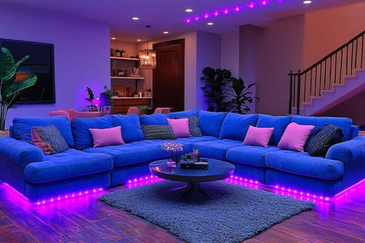 Bright hues illuminate a stylish living area featuring a cozy, oversized blue sofa adorned with pink cushions, inviting warmth.