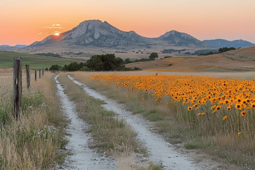 A vibrant field of sunflowers stretches alongside a gravel road, while a warm sunset casts a golden hue over the mountains.