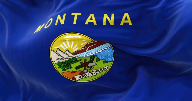 Perspective view of the flag of the American state of Montana waving. Blue flag with coat of arms in the center. Fluttering fabric. Selective focus. Realistic 3d illustration. Close-up.