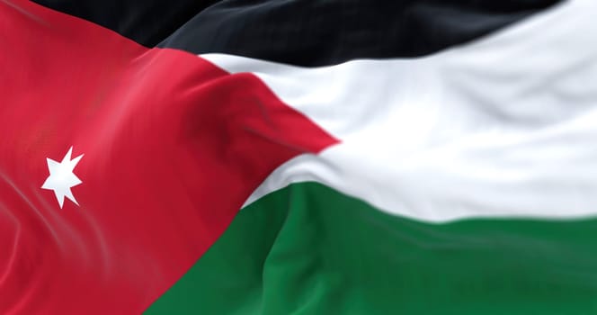 Perspective view of the Jordan national flag waving. Horizontal black, white and green striped flag with red triangle. Fluttering textile. Selective focus. 3d illustration. Selective focus