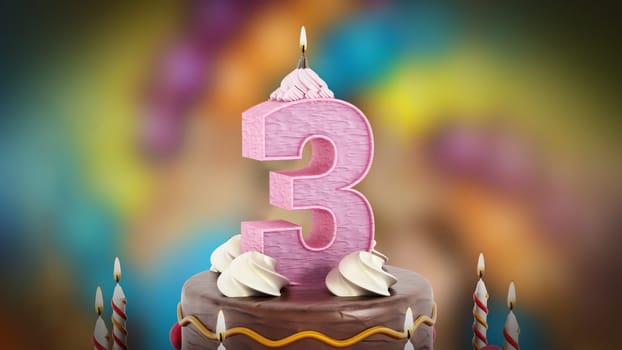 Birthday cake with number 3 lit candle. 3D illustration.