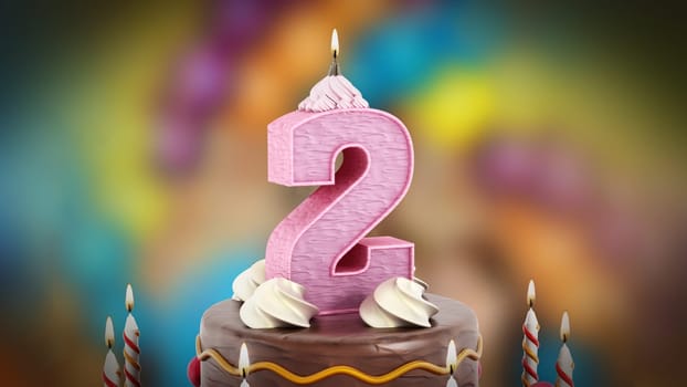 Birthday cake with number 2 lit candle. 3D illustration.