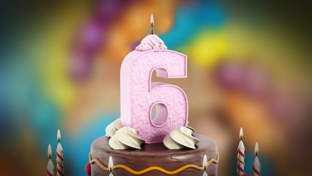 Birthday cake with number 6 lit candle. 3D illustration.