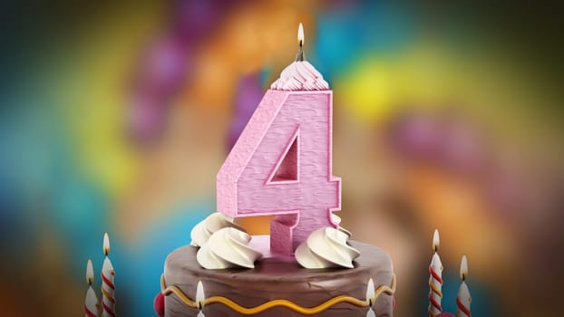Birthday cake with number 4 lit candle. 3D illustration.