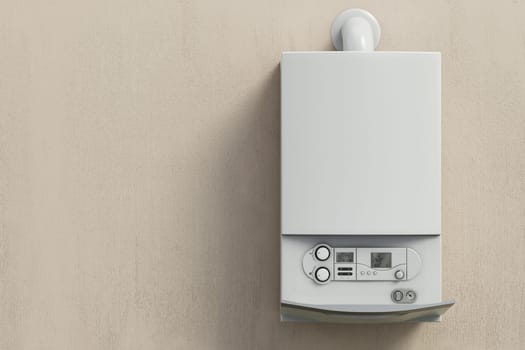 Combi boiler on the wall. Copy space on the left. 3D illustration.