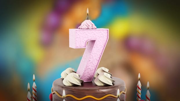 Birthday cake with lit number 7 candle. 3D illustration.