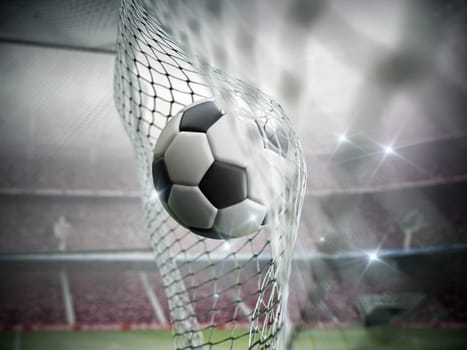 Soccer ball on the net. Soccer goal. 3D illustration.
