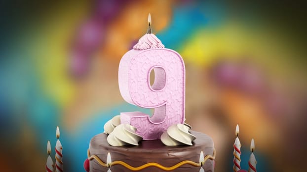 Birthday cake with lit number 9 candle. 3D illustration.