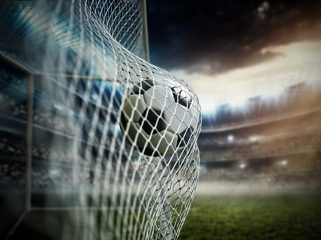 Soccer ball on the net. Soccer goal. 3D illustration.