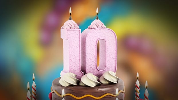 Birthday cake with lit number 10 candle. 3D illustration.