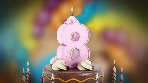 Birthday cake with lit number 8 candle. 3D illustration.