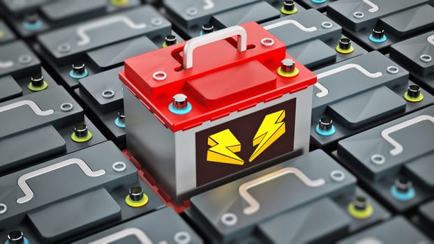 Red battery stands out among regular gray car batteries. 3D illustration.