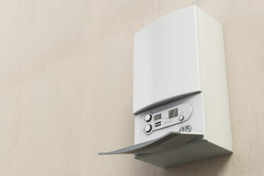 Combi boiler on the wall. Copy space on the left. 3D illustration.