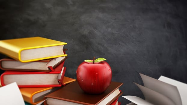 Books and one red apple standing in front of the blackboard. 3D illustration.