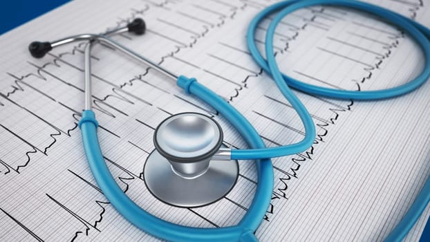 Heart health concept with stethoscope standing on medical reports. 3D illustration.