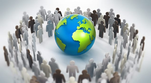 Global Communications concept with people around the earth. 3D illustration.
