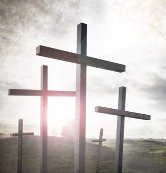 Cemetary with sunlit old crosses. 3D illustration.