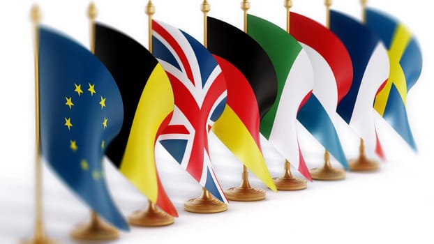 European Union Founder Country Flags isolated on white background. 3D illustration.
