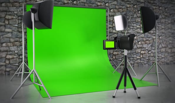 Photography equipments with green screen backdrop curtain. 3D illustration.
