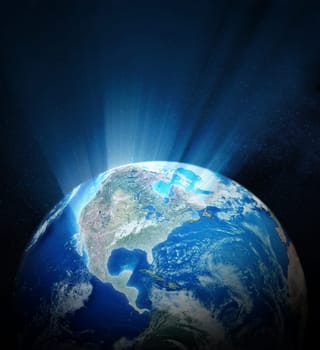Earth in the space with glowing north america continent. 3D illustration.
