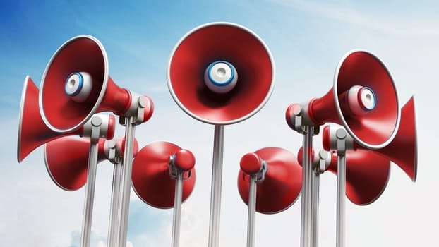 Red loudspeakers on the pole against clear blue sky. 3D illustration.