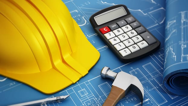 Construction concept with helmet,calculator, hammer and compass on blueprints. 3D illustration.