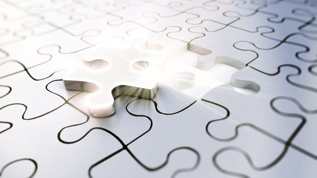 Glowing jigsaw puzzle part on connected puzzle pieces. 3D illustration.