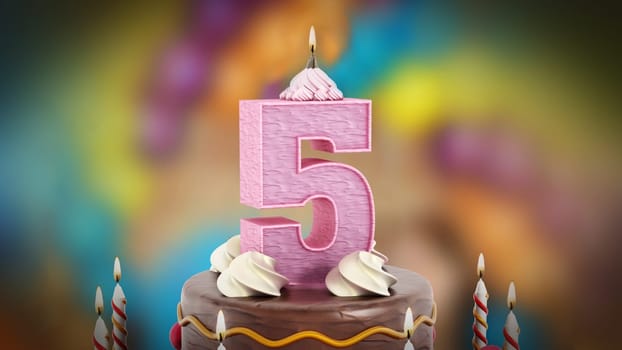 Birthday cake with number 5 lit candle. 3D illustration.