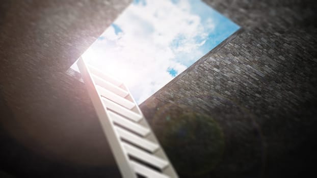 Ladder leading to the opening to the blue sky. 3D illustration.